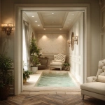 **A luxurious yet cozy master bathroom suite that flows into an intimate plunge-pool master bath. Keep the bathroom refined and serene with soft cream and ivory tones, tufted upholstered furniture, classic wall paneling, warm ambient lighting, and herringbone wood floors. Through a wide opening, reveal a small residential plunge pool inspired by the reference photos: warm travertine or limestone surfaces, tumbled stone textures, and a compact, inset pool with soft bubbling water. Include a subtle waterfall feature from the ceiling or a wall spout, illuminated by gentle recessed lighting. Add understated greenery such as potted herbs or small plants for a calm, spa-like touch. Keep the scale residential and intimate, blending the bedroom’s elegant quiet-luxury vibe with the warm, earthy Tuscan tones of the plunge-pool area. Ultra-realistic, 8k interior photography, soft and inviting atmosphere. --v 7.0** - Image #3 <@1098040737595138178>