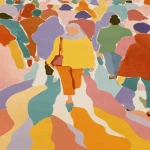 **A cute muslim woman (wears hijab) walking confidently against the crowd on a busy Shibuya-style pedestrian crossing, everyone else moving in the opposite direction. Illustration that portrays 'sense of courage and individuality'. minimalist stylish editorial chic, pastel flat colors, color blocking style mysterious elegant posture, pastel colourful tones, rough watercolor sketch, dreamy setting --sref <https://s.mj.run/6mQWYnkq1dA> <https://s.mj.run/1Mc9T3dUzCQ> --v 7.0 --ar 17:31** - Upscaled by <@1101506216070479952> (fast)
