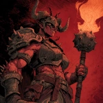 **A dungeons and dragons style comic book illustion of a muscular female pit fiend devil holding a flaming mace and wearing a crudly crafted iron helm that covers her eyes, horns and spikes should come out of her dark red skin, bits of crude armor --v 7.0** - Image #4 <@478047972412620803>
