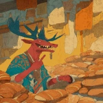 **a cartoonish red-skinned, boho-style reindeer with large, exaggerated teeth and antlers, grinning at the camera while making peace signs inside an underground market where stalls overflow with croissants, pain au chocolat, and golden flaky pastries, background glowing in warm buttery yellow hues, the reindeer’s skin rendered with detailed textured layers reminiscent of pastry crust, in the style of robert crumb, viennoiserie aesthetic --ar 85:128 --v 7.0 --p mwpi95x** - Image #1 <@451473582770618389>