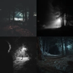 **a pov outside in darkness surrounded by trees. There is a person standing far out in the darkness not showing there face. Realistic. Creepy. Weird.** - <@1032000166598807643> (fast)