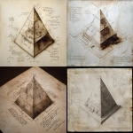 **monochronolith Pyramid, by Leonardo da Vinci, isometric cut view drawing, measurements, old paper slightly burn, lost knowledge --ar 16:9** - <@391048027051261958> (fast)