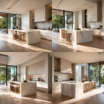 **aptured by a world-class luxury architectural photographer, Hasselblad 500CM, 80mm lens, f/4, ISO 100, 1/60s shutter, wide horizontal composition from slightly above countertop height, showing an ultra-luxury minimal open-plan kitchen in a wellness retreat, oversized island in washed white oak with honed light stone waterfall edge, matte warm white cabinetry with concealed handles, pale timber floors, full-height glass doors opening to rainforest greenery (softly desaturated), natural daylight with lifted shadows and bloomy highlights, shallow depth of field softening the exterior while keeping kitchen surfaces sharp, warm neutral whites and muted stone palette, no harsh contrast, rich, pronounced 35mm film grain, subtle frame edge softness, authentic Kodak Portra 160 film texture pushed one stop, halation bloom on highlights, gentle color shift in shadows for analog realism, editorial Architectural Digest x Kinfolk Living style, airy and restorative mood, photorealistic analog capture** - Variations (Strong) by <@837237355722571776> (fast)