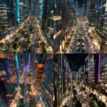 **generate an architectural photograph of the new shopping street between two office buildings in central dreligious city, featuring modern urban design with neon lights and high-rise structures. the view is from above at night. include nearby commercial stalls on both sides, bustling traffic, green space for walking or resting, and people strolling along the city's main road.** - <@887694533360484382> (fast)