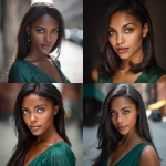**headshot of a beautiful, dark-skinned woman with straight hair and hazel eyes, wearing a green dress in the style of jessica drossin. the hair and makeup look is inspired by jeff danziger. the image was captured using a sony alpha camera with an 85mm lens at f/2.0, resulting in light brown and gray tones. the background is a city street.** - <@1176528279734329450> (fast)