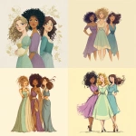 **three women stand together. One is a fantasy white girl with tanned olive skin and curls in dirty blond hair to her waist. She wears a tea length dress in soft sea foam green with cream color accents. The second is black with big coils of hair Afro down her back and a purple dress. The third is a girl with light brown skin and brunette hair. She wears blue.** - <@1409384572613034007> (fast)