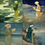 **Fairytale dreamlike illustration of A young, androgynous figure standing by a quiet sea, holding a golden cup. The cup has a fish swimming in it, you can only see the top half of the fish. Dreamlike, mythic atmosphere by Kay Nielsen, Edmund Dulac --ar 100:141** - <@409716268476923920> (fast)