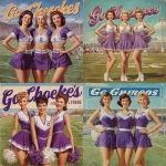 **ultra realistic, highly detailed, photographic image of three beautiful high school pompom girls of the 1960’s smiling happily with a beautiful well manicured football field behind them. Their short skirted purple and white outfits have a calligraphic "S" on the bodice. Above them is a huge attractive banner saying "Go Cherokees". HD --v 7.0** - <@1327691479602298971> (fast, stealth)
-# Create, explore, and organize on [midjourney.com](<https://midjourney.com/imagine?from_discord=1>)