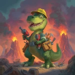 **a green Tyrannosaurus rex cartoon, wearing a construction hat, smiling dinosaur, holding power tools, volcanoes in the background --v 7.0** - Upscaled by <@613776001259798675> (fast)