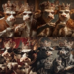 **Ultra HD full body portrait photo of two gangster cows, wearing crowns with lots of gems on the crown, wearing sunglasses. the two cows are at a party and are holding their arm out with drinks in their hands doing a cheers motion to celebrate. background is decorated with a royal theme. taken with a cannon eos, hyperrealistic, natural lighting --ar 2:3 --raw** - <@1103975769467789322> (relaxed)