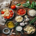 **Flat lay of fresh and simple ingredients for creamy tomato tortellini soup: diced onion, garlic cloves, fresh rosemary, basil leaves, canned diced tomatoes, tomato sauce, chicken stock, heavy cream, three-cheese tortellini, shredded parmesan cheese, olive oil, salt, pepper, all arranged on a rustic wooden countertop with warm natural light --v 6.0 --ar 4:5 --raw** - Image #1 <@1321895242076520463>