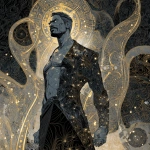 **comic book art / bold lines / full body portrait / of a rugged masculine male obsidian knight / swirling luminous particles / copious intricate multilayered details / background depicts dark complex kaleidoscopic patterns / full length view / paranormal / supernatural** - Image #4 <@1080572898269466724>