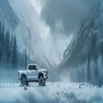 **a popular pickup truck (Toyota Tacoma TRD Off-Road) parked in a deep snowy mountain pass, thick falling snow, frosted trees, overcast light, tire tread in snow, cinematic automotive ad photography, photorealistic 8k detail, wide landscape composition with empty space on left for text and logo placement, depth of field, Canadian winter environment, cold misty air, moody yet premium tone, professional commercial lighting, ultra-sharp reflections, perfect for web banner hero image --ar 7:3 --v 6.0 --s 250 --raw** - Image #2 <@692393901872644097>