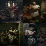 **A 25-year-old Julius Caesar, imprisoned by Cilician pirates, inside a dark wooden prison cell. Caesar, wearing a simple Roman toga, stands proudly, reading poetry from a scroll with a confident expression. Around him, rough Mediterranean pirates in ragged clothes sit bored and uninterested, yawning, leaning against the walls, mocking gestures. Dim torchlight casts dramatic shadows on the stone walls, cinematic ultra realistic, historical accuracy, dramatic atmosphere, storytelling composition --ar 9:16 --v 6.0** - <@1370640319246368838> (fast)