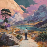 **rich pastel colors composition / of a man / walking on a path / near an expansive body of water / in a valley / surrounded by towering mountain peaks** - Image #1 <@1080572898269466724>