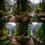 **yosemite nationl park landscape photography, waterfall and trees included, along with a wooden bridge walking path in the foreground --ar 99:128 --q 2 --s 250** - <@1041437953232212108> (fast)
