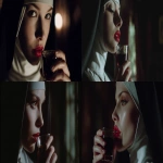 **a nun drinks chocolate tequila from a shot glas, while standing in a dark and old bedroom of 1980s, the nun is very attractive, has red lips and looks towards the window, very close shot, only red lips and the glass are visible, cinematic, photography, --ar 16:9 --v 7.0** - <@1073526258069151775> (fast)