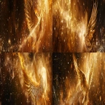 **Divine golden light rays descending from heaven onto floating elemental symbols (fire flame, water droplet, air swirl, earth crystal), angelic wings in background, warm amber and gold color palette, hyper-realistic spiritual energy, cinematic photography --ar 4:1 --v 6.0** - Variations (Strong) by <@900787127892180992> (relaxed)