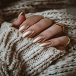 **champagne chrome almond nails, warm-toned shimmer, rich glow on medium to deep skin, soft focus editorial lighting, luxury winter tones, fingers styled with gold jewelry and camel wool, elegant minimal backdrop --v 6.0 --ar 2:3 --raw** - Image #4 <@1321895242076520463>