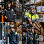 **A male forklift specialist in bright workwear and a helmet, with curly hair and an expressive gaze, standing next to a forklift, leaning on it. In the background, there is a warehouse filled with products neatly arranged on shelves. The scene is softly lit, highlighting the details of his outfit, the forklift, and the products, creating an atmosphere of professionalism, confidence, and a work-focused vibe. --p ud5ebxz** - <@1073058804779978844> (relaxed)