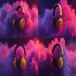 **make a cover, leave space for text on the left, dark smoke and empty purple space on the left, make the left space dark, neon yellow headphones hanging on microphone, black background, purple-yellow style, hyperrealism style, minimalism --ar 7:4 --s 250 --raw** - Variations (Strong) by <@1189578992479633449> (fast)