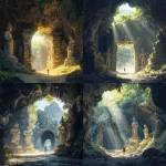 **In the cave, there is an ancient gate made of stone with statues on both sides. The figure stands in front and takes pictures under natural light. A person walks through a tunnel surrounded by nature, with rocks and trees all around. In the background, sunlight shines down from above to illuminate the door to another world. Photorealistic photography. --ar 13:16** - <@264129597782753313> (fast)