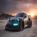 **ultra-realistic concept of a modified Porsche 911 in the style of Motomuzi, wide body kit, ultra-low stance, carbon fiber fenders, aggressive aero package, futuristic front splitter, custom LED halo headlights, oversized rear diffuser, thick performance tires, matte metallic paint, glowing accent lines, luxury race spec, brutal and elegant design fusion, photographed in dramatic desert background with cinematic sunset lighting, hyper-detailed, extreme realism, concept car showcase, car centered in frame, 50mm lens, no text, no watermarks --v 7.0 --ar 16:9 --raw** - Image #1 <@1391625263430762497>