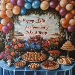 **"Happy 35th Anniversary John & Tracy" banner surrounded by balloons, flowers and delicious food. --v 6.1** - Upscaled (Creative) by <@1327691479602298971> (relaxed, stealth)