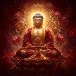 **Highly detailed digital painting of Amitabha Buddha seated in full lotus posture on a large radiant crimson and gold lotus throne, floating amidst cosmic clouds. His expression is calm, solemn, and divine. His eyes are closed, showing deep meditation. He has long earlobes, arched eyebrows, a round top bun, and a glowing red urna on his forehead. His skin is soft and luminous. He wears flowing, elaborately embroidered red and golden-yellow robes, rich with floral and celestial patterns inspired by traditional Chinese thangka and Pure Land Buddhist art. His hands are in Dhyana Mudra, palms upward, right over left, thumbs gently touching. In the center of his chest is the sacred 卍 symbol, glowing faintly. Behind his head is a gigantic radiant halo, with intricate mandala and lotus petal patterns. The halo radiates beams of gold, white, and pink light, blazing outward like a sun of compassion. His entire body is glowing with a soft golden-red aura, and gentle pulses of cosmic light expand outward, merging into the background. The background is majestic and cosmic, a deep crimson sky adorned with glowing floral motifs, swirling energy, falling lotus petals, and mystical golden mist. Celestial textures and sacred geometry enhance the divine presence. The atmosphere is grand, transcendent, and filled with deep spiritual warmth. Vertical format, ultra-detailed, cinematic lighting, with subtle Studio Ghibli-style anime aesthetics blended with sacred Buddhist iconography. Perfect for depicting Amitabha Buddha in a divine oracle card or spiritual thangka.** - Image #1 <@1056980764291514368>
