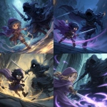 **anime art style , fantasy card art, a small female midget rogue in a purple cloak performing a feint in mid-combat his body blurs in motion as he fakes a slash to the left with a short sword, while slipping a hidden dagger low to the right. The towering fully cloaked enemy reacts to the wrong move, completely off-balance, eyes wide with surprise thrusting sword forward completely missing .The rogue has a sly grin on her face, glowing motion trails emphasize the misdirection. Cinematic anime-inspired style, dynamic angle, high detail, moody lighting.** - <@189255832385486848> (fast)
-# Create, explore, and organize on [midjourney.com](<https://midjourney.com/imagine?from_discord=1>)