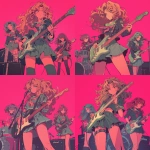 **japanses manga girls band reptilian 80s hair band wearing school dress background is stage with 80s feeling --niji 6** - Variations (Strong) by <@919678712226648134> (fast)