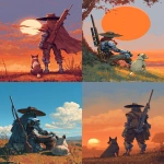**a man with a metallic arm, a futuristic rifle, and a broad brimmed hat looking toward the setting sun. his dog is sitting next to him, 8bit art, 150dpi --ar 5:7** - <@481618854582157330> (fast)
-# Create, explore, and organize on [midjourney.com](<https://midjourney.com/imagine?from_discord=1>)