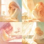 **A soft pastel romantic album cover illustration, delicate watercolor style. A gentle dreamy atmosphere with a young woman sitting near a wooden table by a window. On the table, a single white rose in a glass vase and a vintage envelope. Warm sunlight softly illuminating the scene. The woman's face is partially hidden by her flowing hair. The background shows a translucent curtain with subtle Indian patterns. The color palette is pastel pink, beige, and cream. Minimalistic, poetic, emotional, two-dimensional illustration. No text. --niji 6** - <@1212945075831836692> (relaxed)
