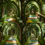**The tunnel structure is made of thin support poles from a garden arch measuring 1.5 meters in height, 1.2 meters in width, and 5 meters in depth. Inside the entrance of the cardboard arch, the exterior is decorated with a forest interior, and a path made of thin rainbow-colored vinyl tape is depicted on the floor.a cotton cloud canopy, and an interior resembling library shelves mapped onto cardboard at the end of the forest. A children's attraction interacting with a server station is installed by covering office desks and displays with fabric, placing them in the pathways between desks, removing desk chairs to create pathways, and masking the lower parts of desks with green curtains. Cardboard guardrails are installed up to waist height, creating a bright and cheerful atmosphere. --ar 4:3 --v 7.0** - Variations (Strong) by <@580349603761750038> (fast)