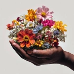 **Create a beautiful artwork of an extremely realistic photograph depicting a brown skin male hand model cupped, holding a hand full of radiant bright colored flowers of all kinds . White background, extremely detailed, highest resolution and vibrant colors** - Image #1 <@1103816835914276934>