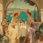 **<https://s.mj.run/kpWIqgf0c1A> pochoir illustration, hand-stencilled color, art deco fashion plate of two elegant women sharing afternoon tea on a sunlit terrace overlooking the Mediterranean, French Riviera, early 20th-century elegance, wide-brim straw hats with ribbons, provocative flowing dresses in soft creams, lavender and warm neutrals, intimate feminine friendship, relaxed posture, quiet conversation, porcelain teacups and floral bouquet on a white tablecloth, turquoise sea with a small boat in the distance, arched terrace framing the view, golden afternoon light, dreamy atmosphere, romantic, calm, aspirational lifestyle, timeless femininity, gentle color harmony, interior-design friendly, nostalgic yet modern, Pastel colors --ar 5:4 --stylize 200 --chaos 2 --v 7.0 --iw 0.6** - Image #2 <@988364629556199494>