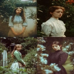**He takes a poetic photo of a girl from the 1900s. The girl is standing in a garden. 8K full definition, maximum sharpness, the photo is soft and blurry at the edges. --ar 2:3** - <@1101859494062989373> (fast)