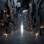 **Futuristic walls made of layered cubes, symmetrical perspective, towering walls covered with floating and embedded blocks of varying sizes, metallic textures, cyberpunk vibes, corridors with no end, volumetric lighting, dark sci-fi atmosphere, ultra-detailed, --s 250 --v 7.0** - Image #3 <@1057577968781762630>
