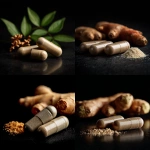 **Hyper-realistic studio photograph on a deep black background. A clean, elegant composition featuring three natural ingredients arranged harmoniously: ginger, ambay (Cecropia pachystachya) y bicarbonato de sodio. In the foreground, placed neatly and clearly in focus, lie two dark beige capsules, with realistic texture and soft reflections. The arrangement is minimalistic, balanced, and uncluttered, with dramatic studio lighting, sharp details, soft shadows, and a premium, high-end herbal supplement aesthetic.** - <@1320457712504537179> (fast)