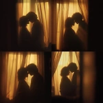 **A romantic couple sharing an intimate moment behind soft golden curtains, warmly lit by a cozy floor lamp, wrapped together in a blanket, silhouetted gently, dreamy and tender atmosphere, early morning or twilight glow, peaceful indoor setting, shallow depth of field, cinematic lighting, vintage color grading, 35mm film style, subtle grain, emotional storytelling, soft focus, style cinematic** - Variations (Strong) by <@1331627685406965792> (fast)