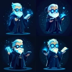 **Futuristic legal wizard mascot, glowing blue eyes, wearing a judge robe mixed with a wizard cloak, holding a digital scroll and a smartphone, cartoonish but clean, high-tech magical vibe, flat design - vector art --s 250** - Variations (Strong) by <@844314166369583134> (fast)