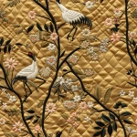 **Seamless repeat textile fabric design, inspired by a vintage embroidered silk quilted jacket, depicting cranes and flowering branches with dense floral fields. Motifs appear as if stitched into the fabric using satin stitch, couching, and French knot techniques, with softly raised, padded thread texture and refined dimensionality. Background resembles woven silk or linen ground, matte and warm. Color palette mirrors antique embroidery: muted mustard gold, blush pink, dusty rose, moss green, ivory, charcoal, and soft black. Composition is rich but balanced, with continuous floral coverage and flowing bird motifs, designed as luxury embroidered yardage rather than a finished garment. Museum-quality textile, heirloom sophistication, flat lay fabric view, no jacket shape, no seams, no garment construction, seamless repeat, ultra high resolution --tile --ar 1:1 --v 6.0 --no jacket, coat, kimono, sleeves, hanger, garment, mannequin, fashion photography, model, photorealism, costume, novelty, cartoon, illustration, watercolor, oil painting, digital brushstrokes --raw** - Image #1 <@1054266890899443812>