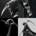 **grim reaper side view looking down black and white photography** - <@819073620625981460> (fast)