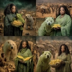 **Oprah Winfrey and a green bear holding corn in the zombie apocalypse in Africa with mud huts and villagers** - Remix (Strong) by <@846201883139375114> (turbo)
