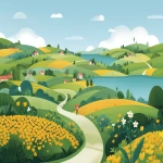 **an illustration of the countryside with rolling hills, small houses, and fields in a cartoon style for kids. the landscape includes green grasslands, winding paths leading to lakes or rivers, trees with leaves, and yellow flowers on both sides of the road. the background is a blue sky without clouds. in the foreground, there is one child character wearing a red hat playing at the edge of the field. use flat colors like light brown, dark gray, pale pink, mint green, and orange. avoid using shadows or gradients. this is an isolated element vector design. --ar 128:93 --v 7.0** - Upscaled by <@887290959732305930> (fast)