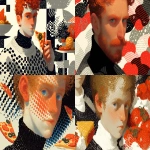 **ginger vincent van gogh in super high turtle neck ugly sweater with pizza motif design pattern of pineapples, cheery tomatoes, olives, pepperoni, by Pierre et Gilles, minimal figures, sparklecore, starry skies, asterism --ar 8:5 --sref 984226312 --profile 6rwviqh --stylize 666 --niji 6** - <@1121310536559243315> (fast)