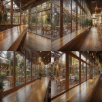 **<https://s.mj.run/xbIQEf-vN9I> a massive wooden counter table dominating the foreground bottom and stretching from the front into the distance at the center, large glass windows on the left side, outside the windows a terrace with rattan chairs and tables surrounded by greenery, beyond the terrace the view is enclosed by a lush forest with autumn foliage in warm golden yellow and orange tones, on the right side of the counter table the cozy interior of the café with wooden tables, chairs, plants and elegant hanging lights, filled with soft natural daylight, bright and airy atmosphere with warm wood textures, sophisticated and relaxing mood, perfect for chill jazz and bossa nova vibes --ar 16:9 --v 6.0 --iw 1.5 --sref <https://s.mj.run/xbIQEf-vN9I> --raw** - <@1401533953676021780> (fast)