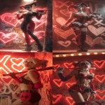 **Harley Quinn in her classic black and red jester outfit, standing under a glowing red spotlight, holding her bat over her shoulder, chaotic graffiti hearts and X’s on the wall behind her, playful but dangerous expression, cinematic red tones, space for lyrics --ar 9:16 --v 7.0** - <@257221362568003584> (fast)