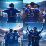 **Young Japanese male soccer player celebrating after scoring, plain solid blue jersey with no logos or brands, only a white back number, hugging teammates, modern stadium full of cheering fans, bright lights, sweat and determination on faces, cinematic atmosphere, realistic style, wide shot, no goalposts --niji 6** - <@1212945075831836692> (relaxed)
-# Create, explore, and organize on [midjourney.com](<https://midjourney.com/imagine?from_discord=1>)