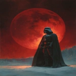 **Darth Vader poster, lunar eclipse on the background, in the style of Norman Rockwell and Boris Vallejo --ar 3:4 --v 7.0** - Image #1 <@1071437900610293863>